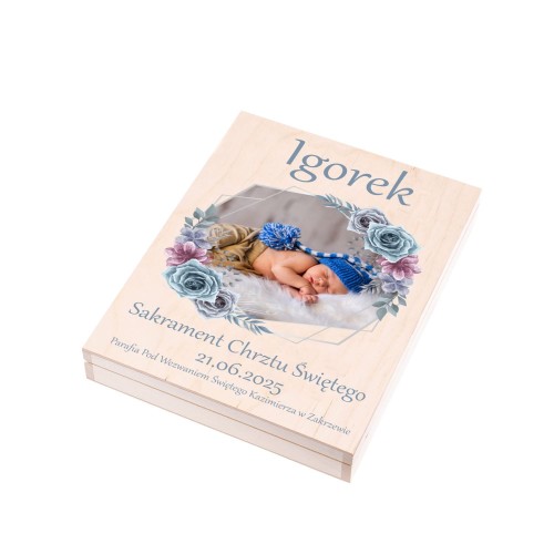 pudelko drewniane do zestawu Szatka na chrzest WZÓR HIMMELI ze zdjęciem - Pamiątka Chrztu Świętego