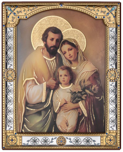 IKONA Święta Rodzina za szkłem, w błyszczącej ramie ze złoceniami