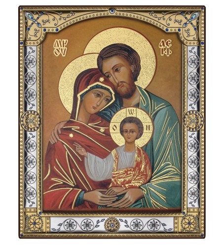 IKONA Święta Rodzina za szkłem, w błyszczącej ramie ze złoceniami