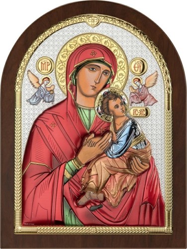 Srebrny obrazek przedstawiający ikonę Matki Bożej Nieustającej Pomocy z Dzieciątkiem Jezus.