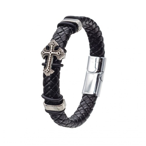 Bransoletka skórzana z krzyżem z zapięciem magnetycznym