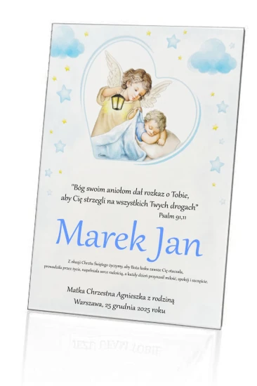 Obrazek malowany 20x25 cm - Anioł Stróż z latarenką Baby Blue