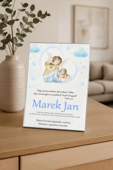 Obrazek malowany 20x25 cm - Anioł Stróż z latarenką Baby Blue w aranżacji