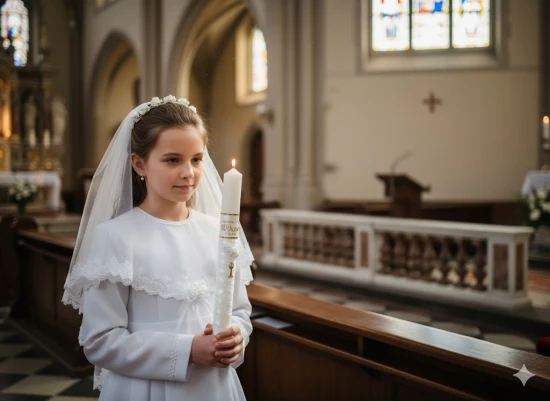 Świeca komunijna imienna IHS w aranżacji kościelnej