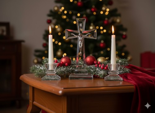 Komplet kolędowy kryształowy w aranżacji świątecznej