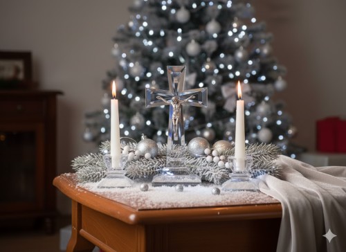 Komplet kolędowy kryształowy w aranżacji białych Świąt Bożego Narodzenia