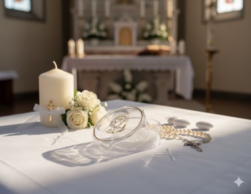 Pudełko na różaniec w aranżacji komunijnej