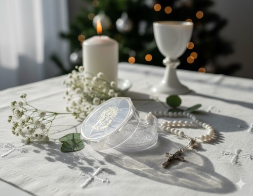 Pudełko na różaniec w aranżacji komunijnej