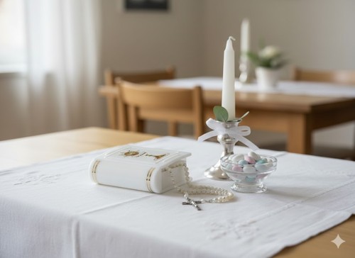 Pudełko na różaniec w formie książeczki białe w aranżacji komunijnej