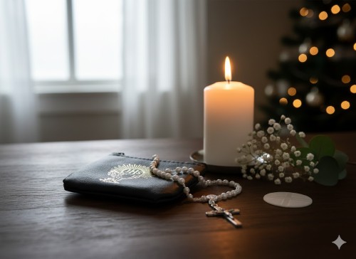 Etui na różaniec - EKO skórka, czarne, IHS na zamek w aranżacji domowej