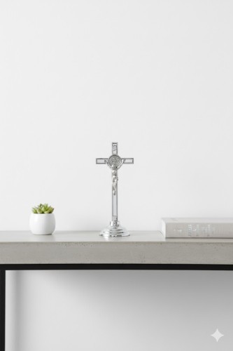 Krzyż stojący - Benedyktyński BIAŁY - 19cm w aranżacji domowej