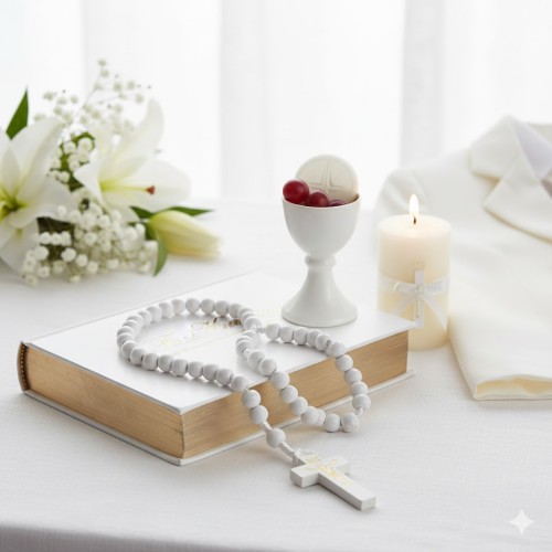 Różaniec drewniany na sznurku w aranżacji komunijnej