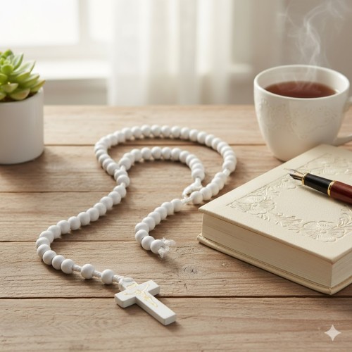 Różaniec drewniany na sznurku w aranżacji domowej