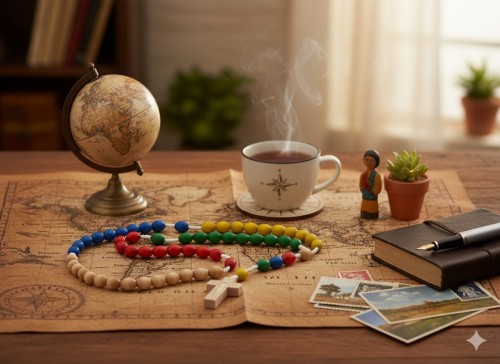 Różaniec drewniany - misyjny w przykładowej aranżacji