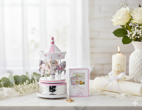aranżacja  Zestaw upominkowy ROYAL PINK - Karuzela pozytywka laurka i torba prezentowa