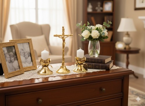 Komplet kolędowy metalowy „Złoty kwiat róży” w aranżacji domowej