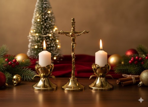 Komplet kolędowy metalowy „Złoty kwiat róży” w aranżacji świątecznej