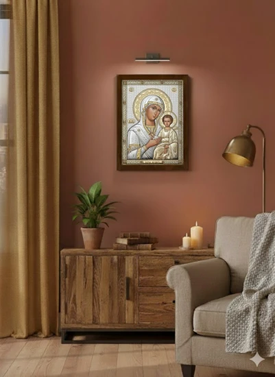 Obrazek srebrny IKONA Matka Boża Kazańska w aranżacji domowej