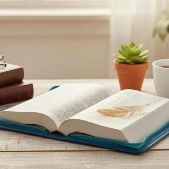 Biblia w turkusowej oprawie w przykładowej aranżacji