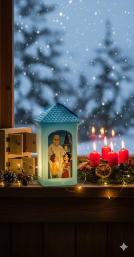 Lampion plastikowy LED na Roraty – niebieski w aranżacji adwentowej