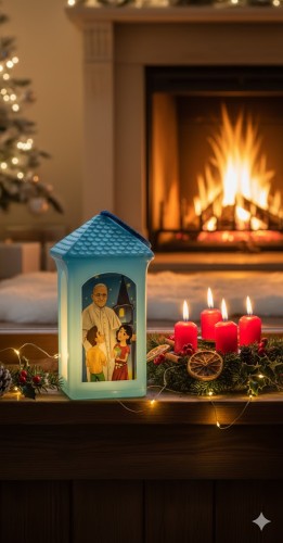 Lampion plastikowy LED na Roraty – niebieski w aranżacji adwentowej