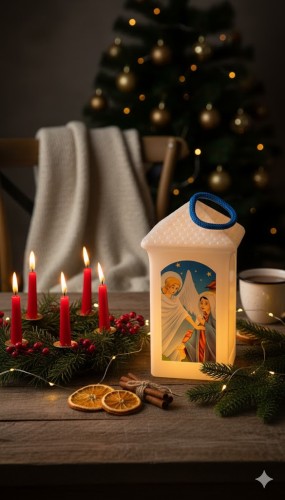 Lampion plastikowy LED na Roraty – biały w aranżacji adwentowej