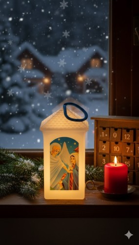 Lampion plastikowy LED na Roraty – biały w aranżacji adwentowej