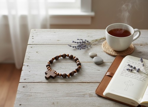 Brązowa bransoletka modlitewna w aranżacji domowej