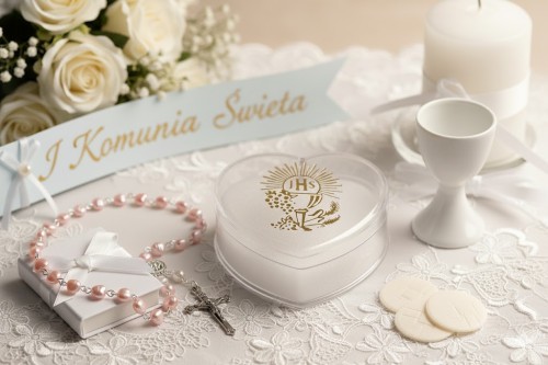Pudełko na różaniec IHS w aranżacji komunijnej
