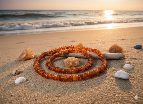 Naszyjniki z bursztynu naturalnego, bałtyckiego w aranżacji plaża