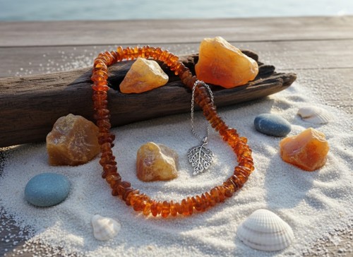 Naszyjniki z bursztynu naturalnego, bałtyckiego w aranżacji plaża