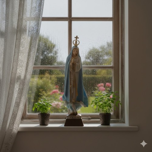 Figurka Matka Boża Fatimska „Pogodynka”  w aranżacji domowej