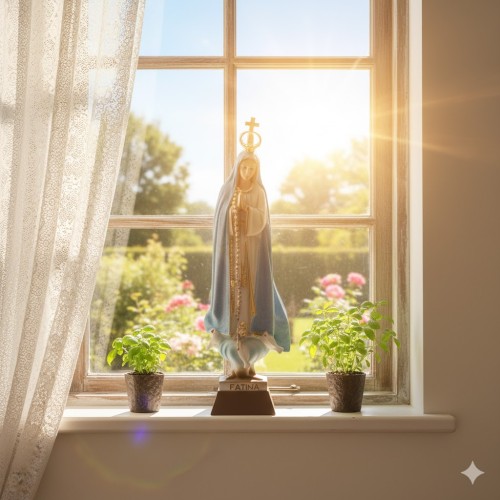 Figurka Matka Boża Fatimska „Pogodynka”  w aranżacji domowej