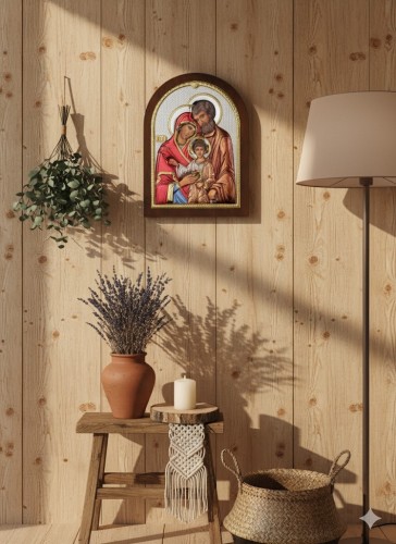 Obrazek srebrny IKONA Święta Rodzina w ciepłej aranżacji domowej