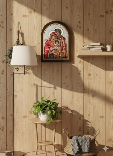 Obrazek srebrny IKONA Święta Rodzina w ciepłej aranżacji domowej