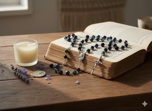 Różaniec kryształkowy granatowy w aranżacji domowej