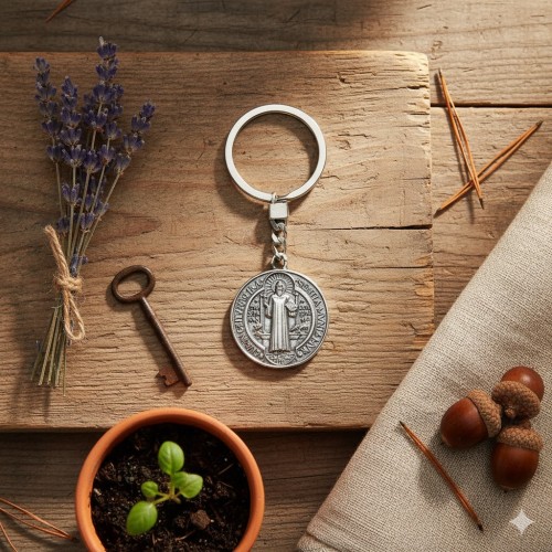 Srebrny Brelok Benedyktyński w aranżacji rustykalnej