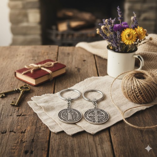 Srebrny Brelok Benedyktyński w aranżacji rustykalnej