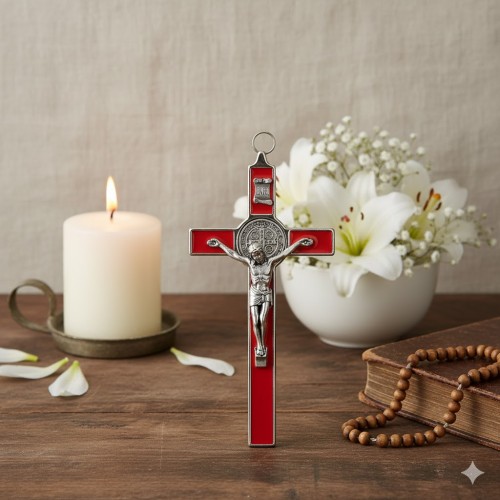 Krzyż Benedyktyński – czerwony,  klasyczny, 20 cm