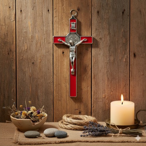 Krzyż Benedyktyński – czerwony,  klasyczny, 20 cm