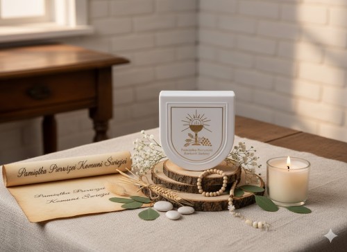 Pudełko na różaniec IHS – białe etui o zaokrąglonym kształcie