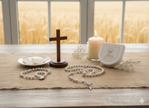 Pudełko na różaniec IHS – białe etui o zaokrąglonym kształcie