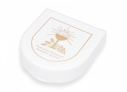 Pudełko na różaniec IHS – białe etui o zaokrąglonym kształcie