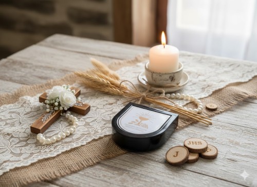 Pudełko na różaniec IHS – czarne etui o zaokrąglonym kształcie