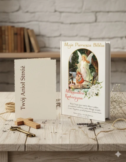 projekt Twój Anioł Stróż - Moja Pierwsza Biblia ANIOŁ STRÓŻ - Pamiątka prezent dla dziecka z nadrukiem