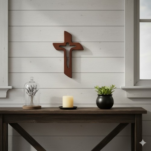 Krzyż drewniany z wyciętym kształtem Jezusa