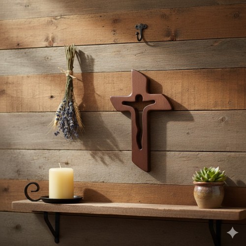 Krzyż drewniany z wyciętym kształtem Jezusa