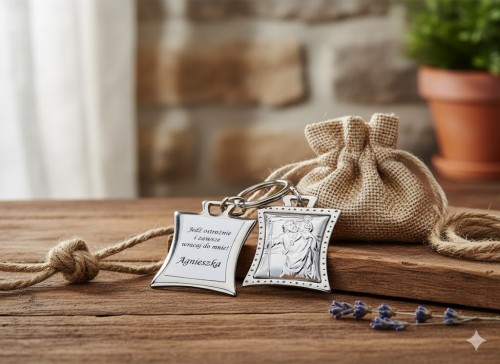 Brelok Święty Krzysztof – laminowany srebrem, próba 925, w czerwonym pudełeczku z grawerem