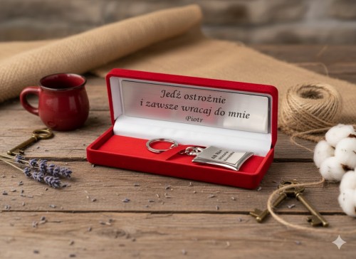 Brelok Święty Krzysztof – laminowany srebrem, próba 925, w czerwonym pudełeczku z grawerem