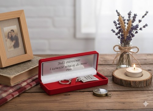 Brelok Święty Krzysztof – laminowany srebrem, próba 925, w czerwonym pudełeczku z grawerem